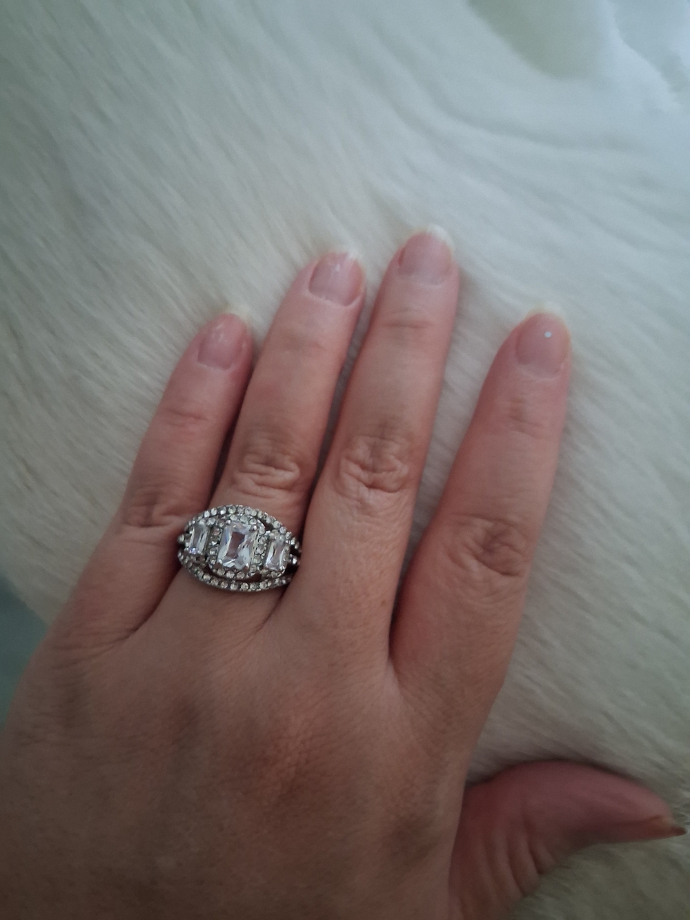 Triple Emerald Cut Stone Halo Statement Ring